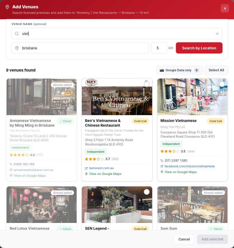 Add Venues search for Vietnamese restaurants within 5 km of Brisbane, showing 9 venues found with client and cold call status