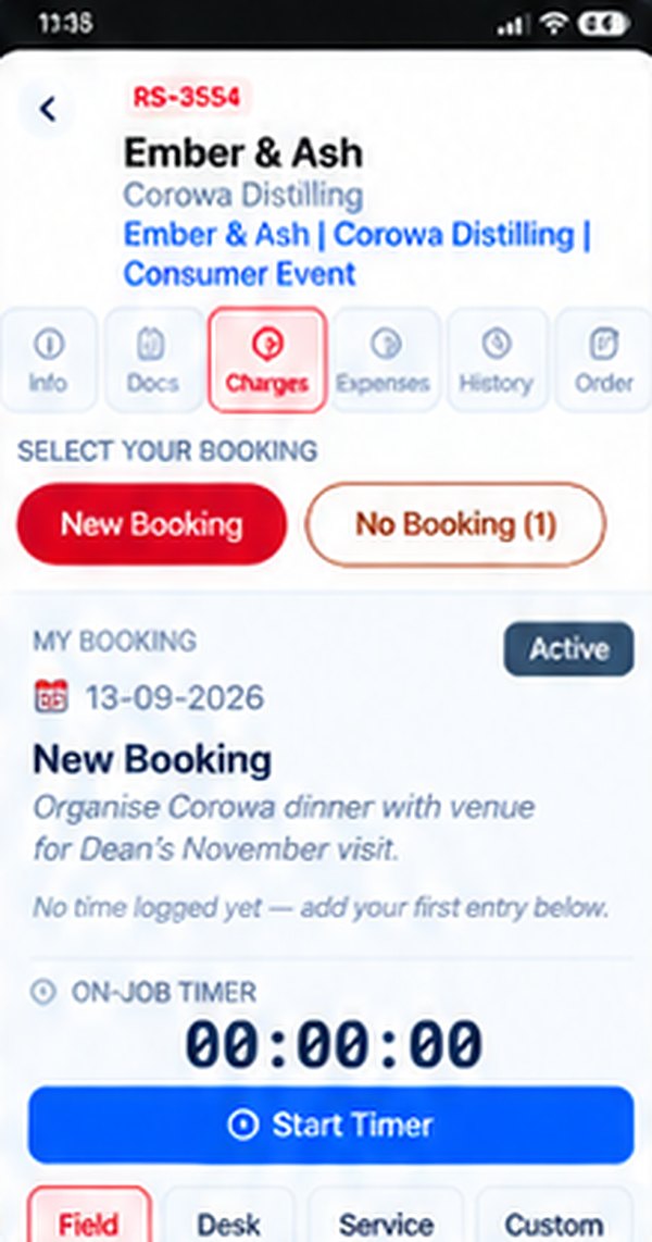 Charges tab with booking and on-job timer