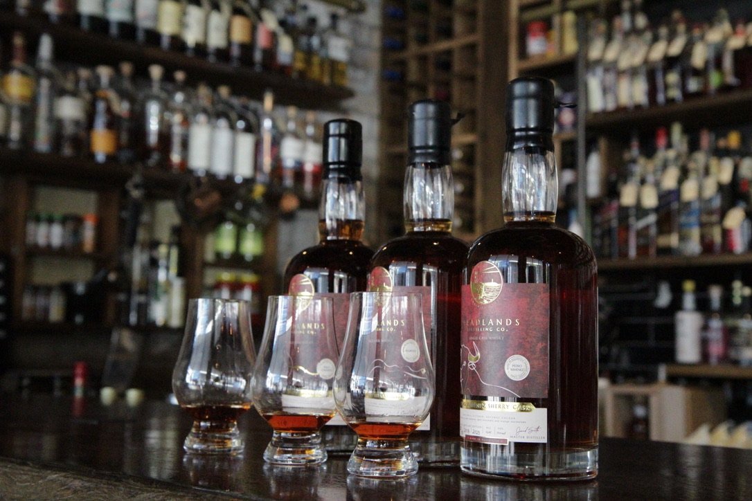 Headlands Distilling Co. Spanish Cask range and tasting glasses on a back bar