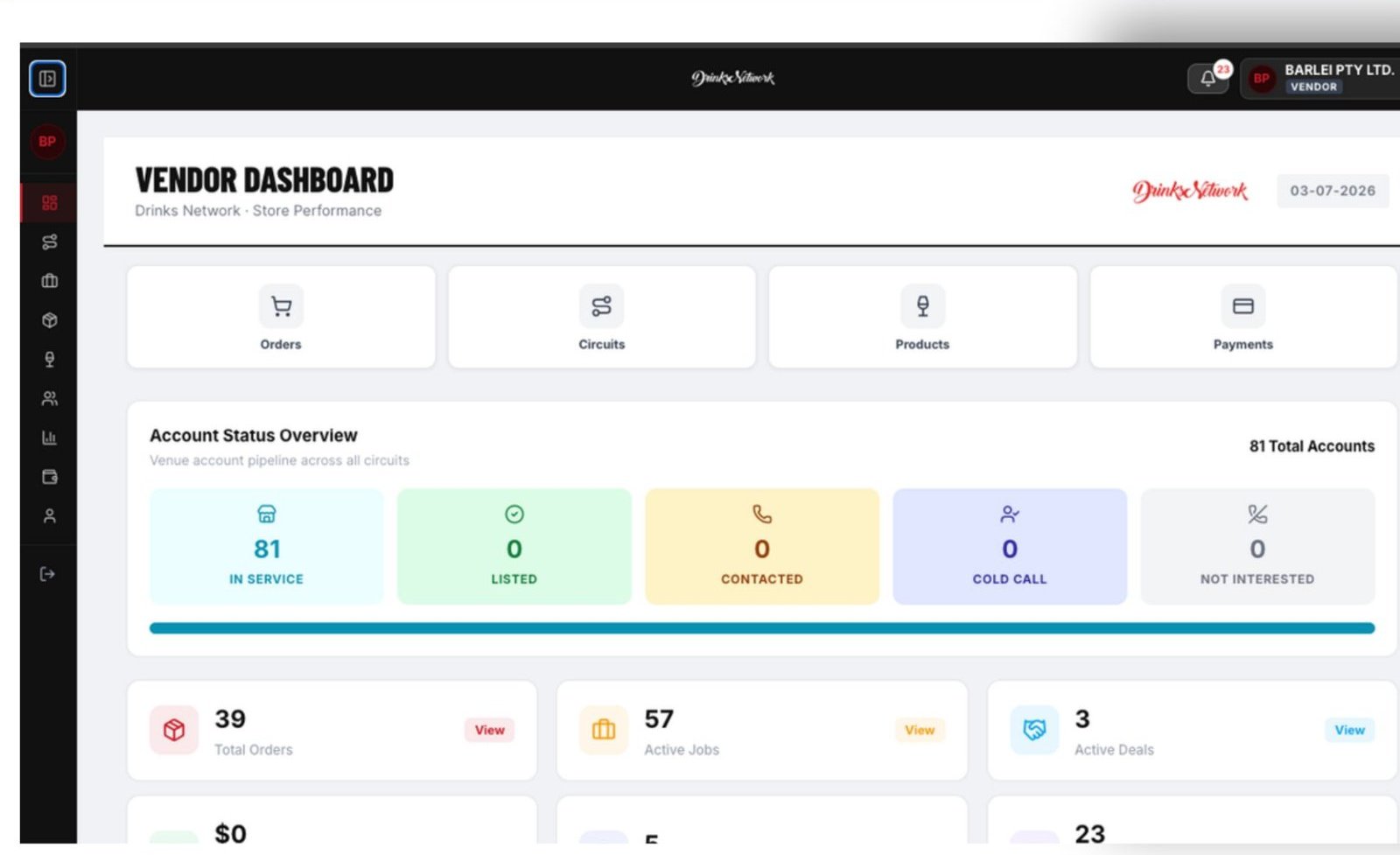 RepShare vendor dashboard showing 81 stores in service, orders, active jobs and deals