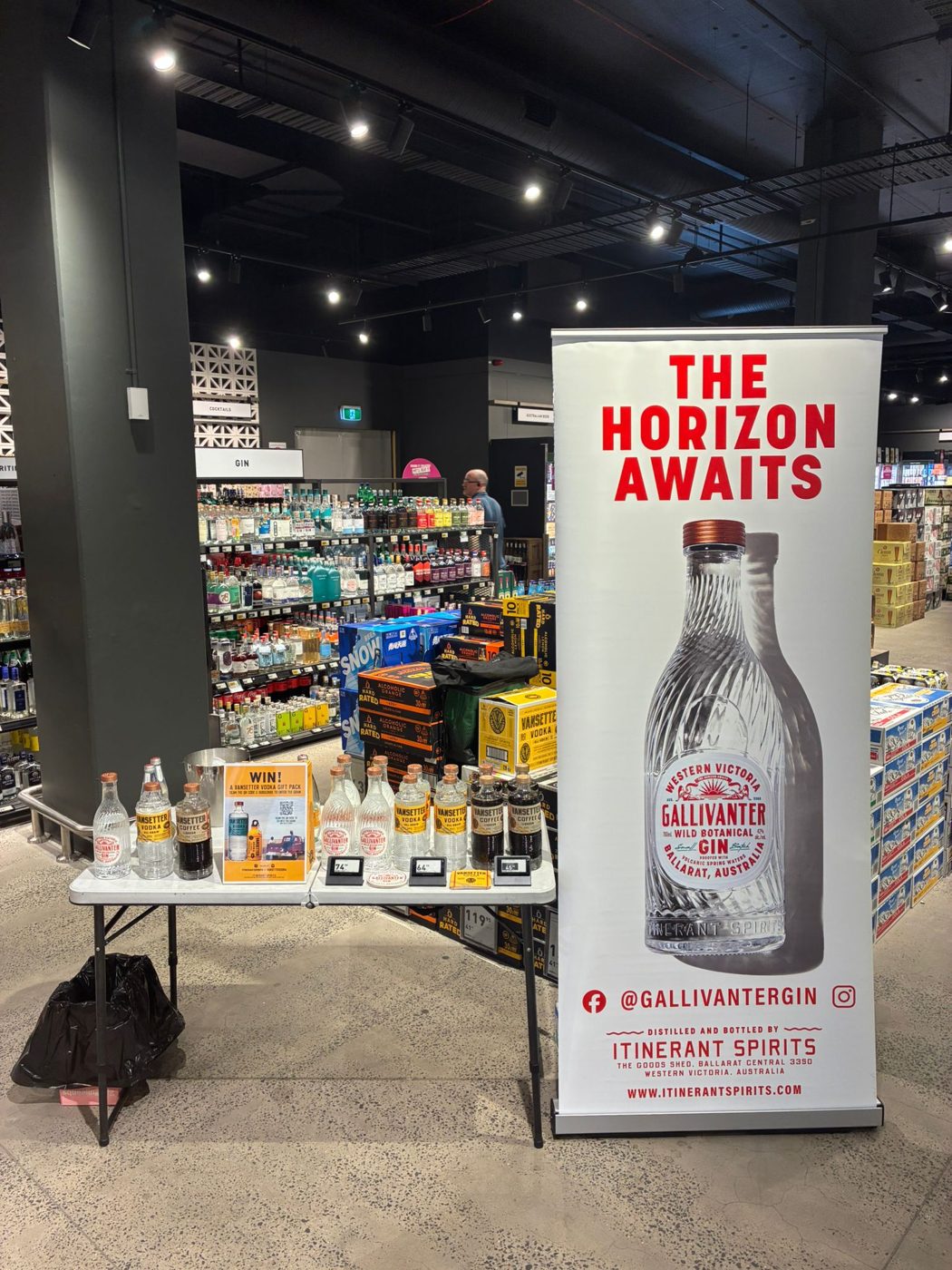 Gallivanter Gin banner and tasting table in a Dan Murphy's store, Melbourne