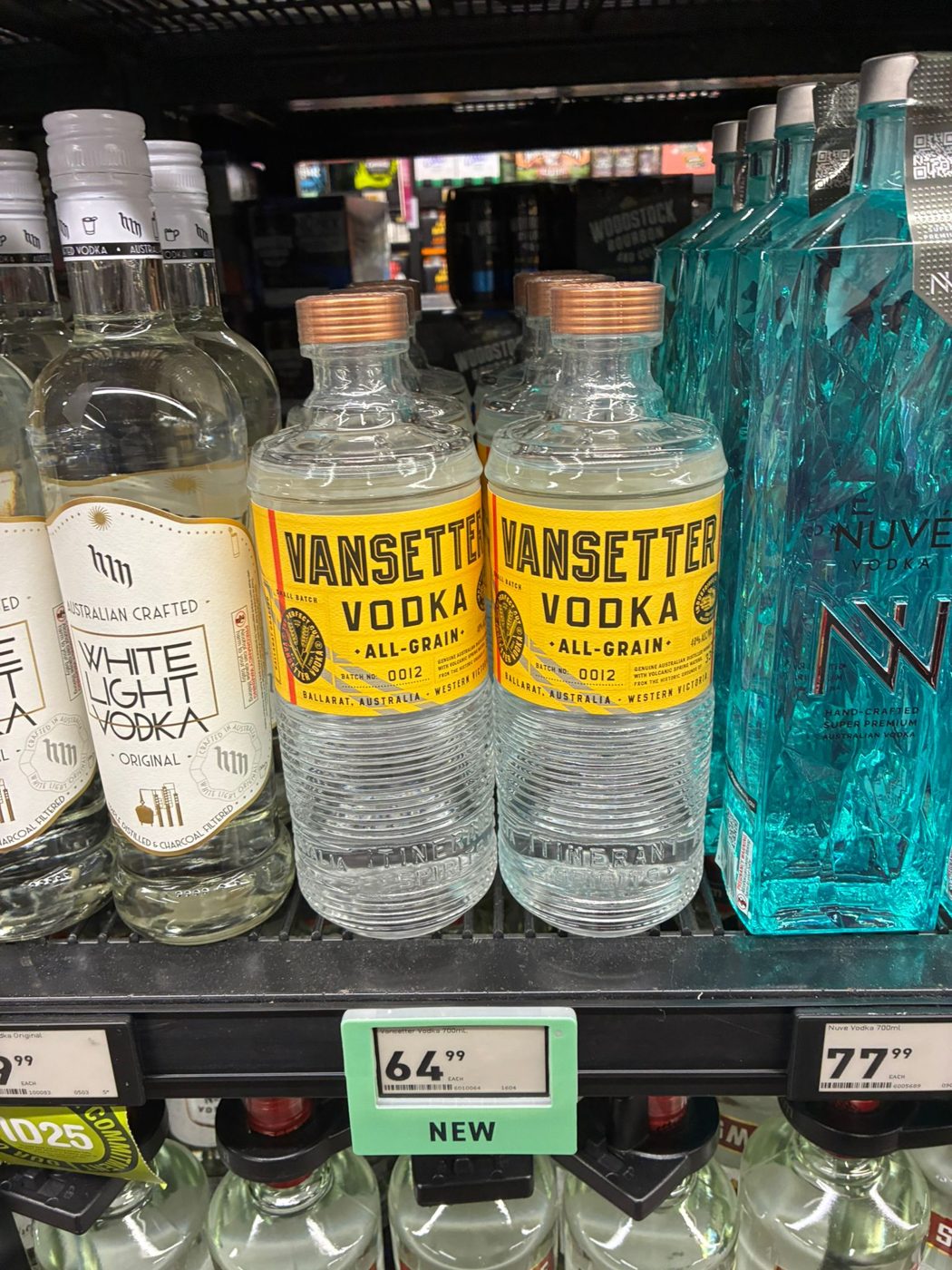 Vansetter Vodka on shelf with a NEW price ticket at $64.99