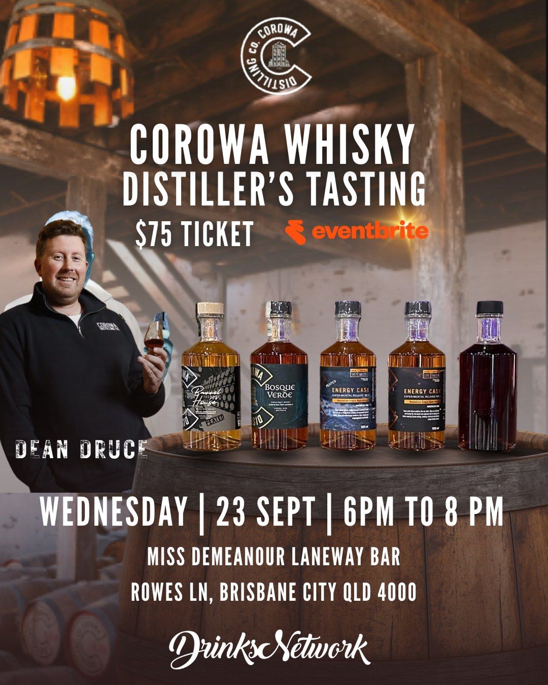 Corowa Whisky Distiller's Tasting poster featuring Dean Druce